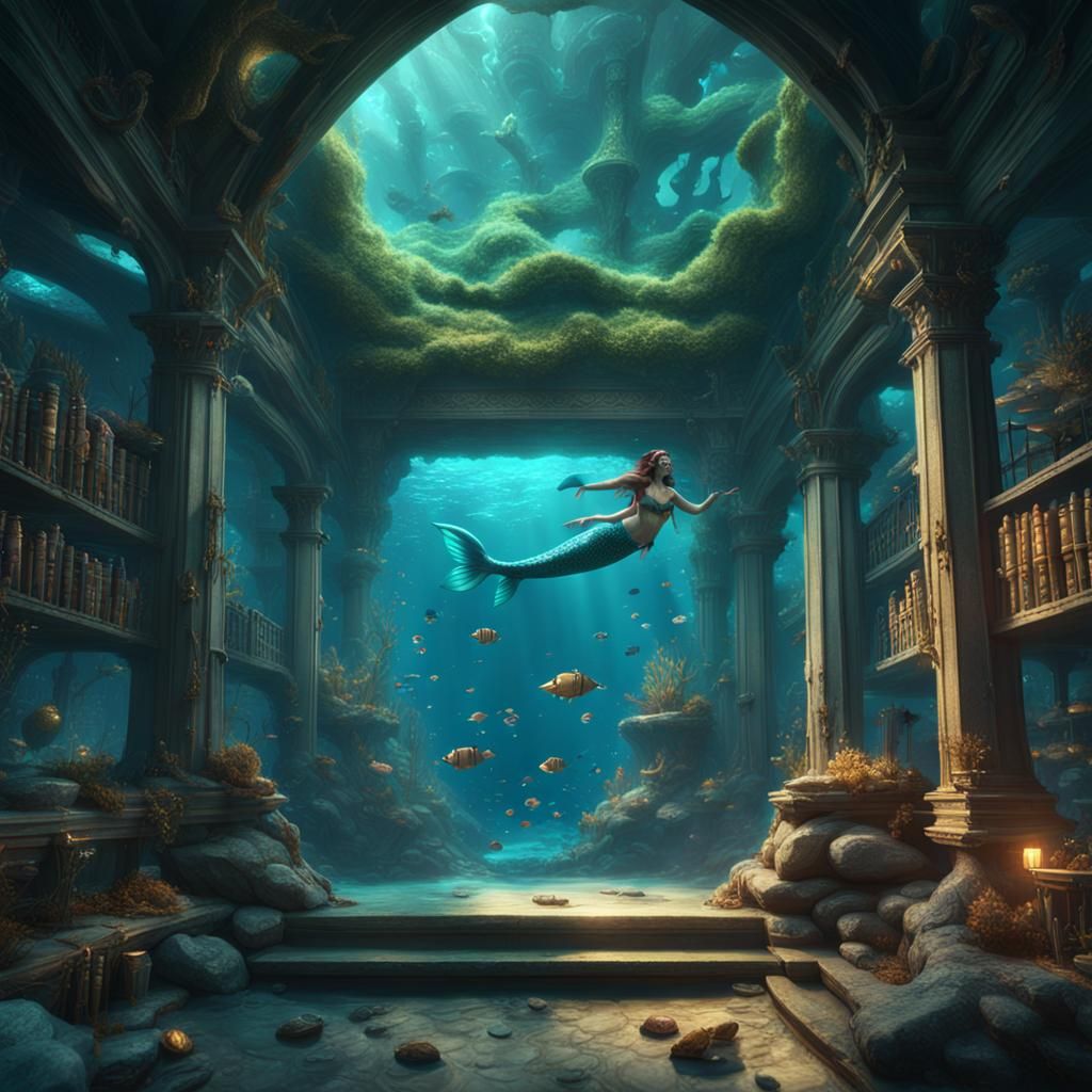 Fantasy Underwater Library with Flowing Mermaid