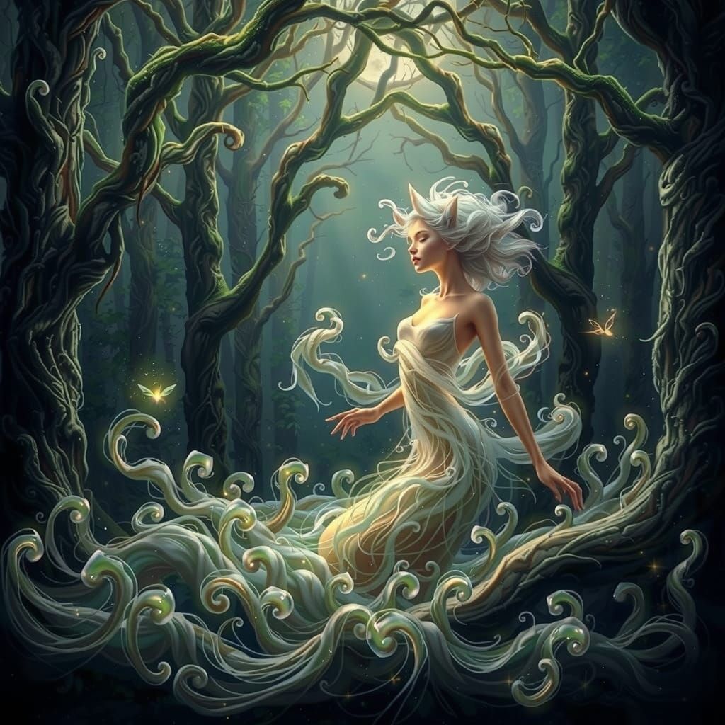 A delicate, luminescent feline entity materializes amidst a ...