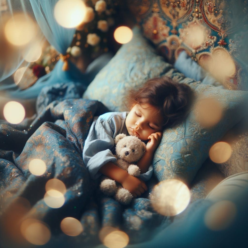 Sweet Girl Sleeping with Teddy Bear in Bokeh Style