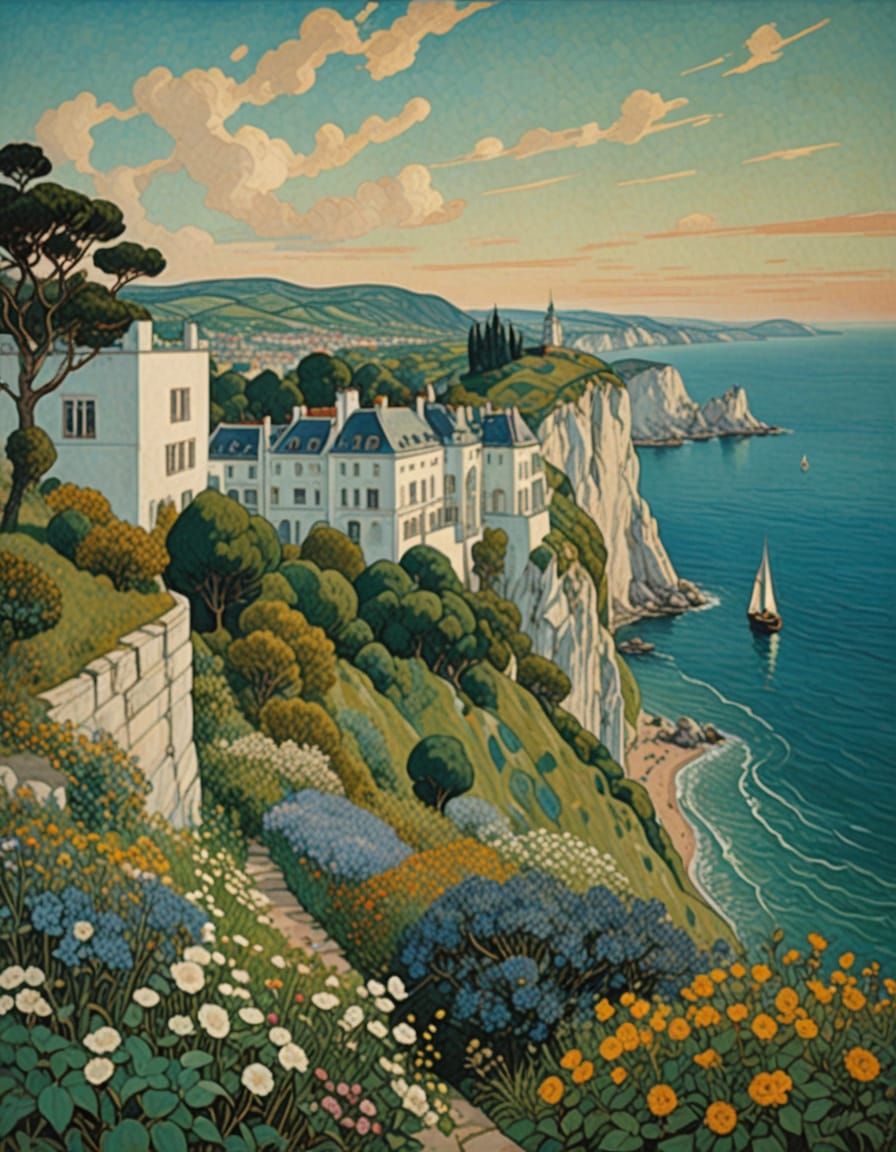 Golden English Channel in Gustav Klimt's Opulent Style