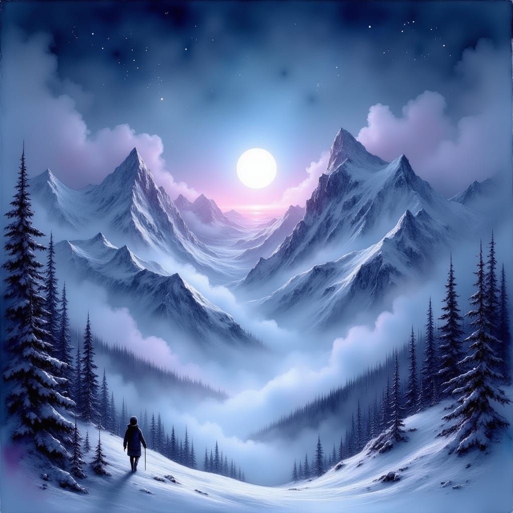 Surreal Snowy Mountains Under Moonlight