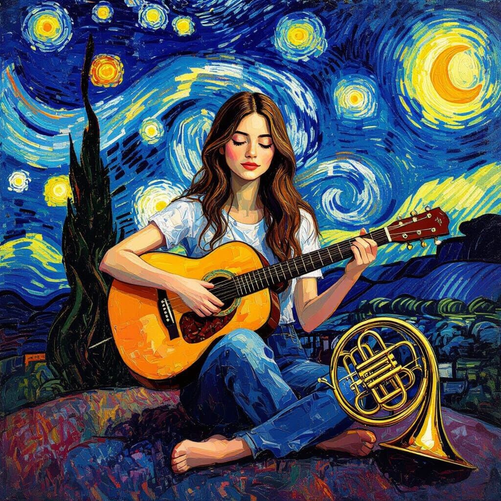 Woman Plays Guitar on Sun with Starry Night Background