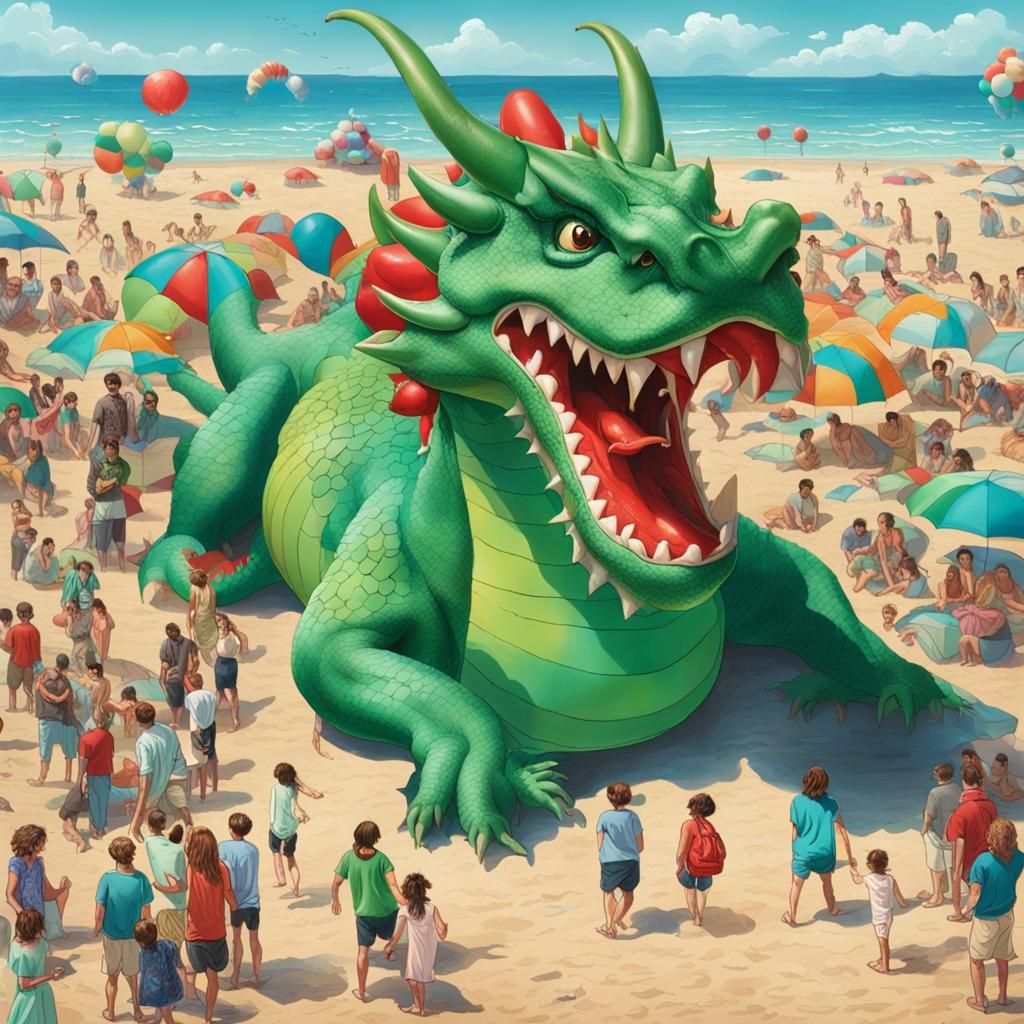 Giant Inflatable Dragon on Crowded Beach