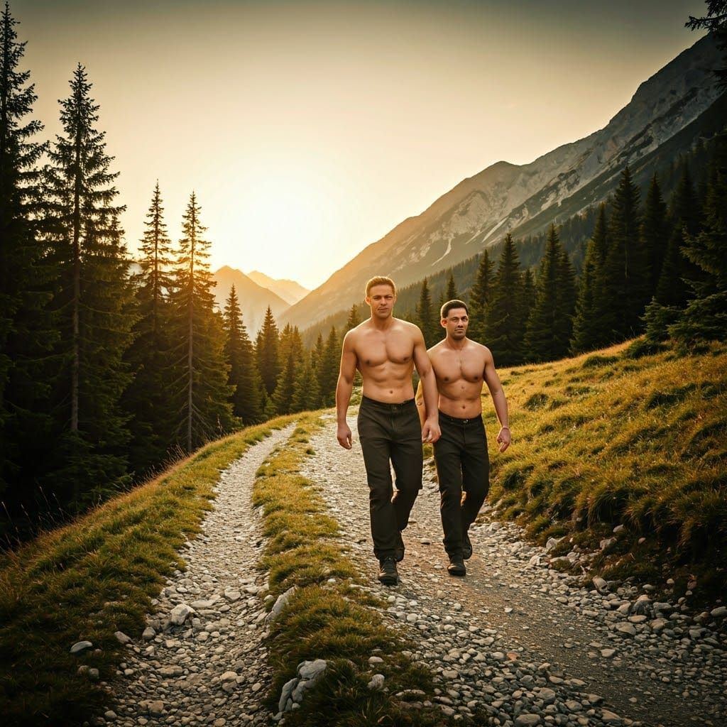 Shirtless Hikers in Julian Alps: Cinematic 35mm Film