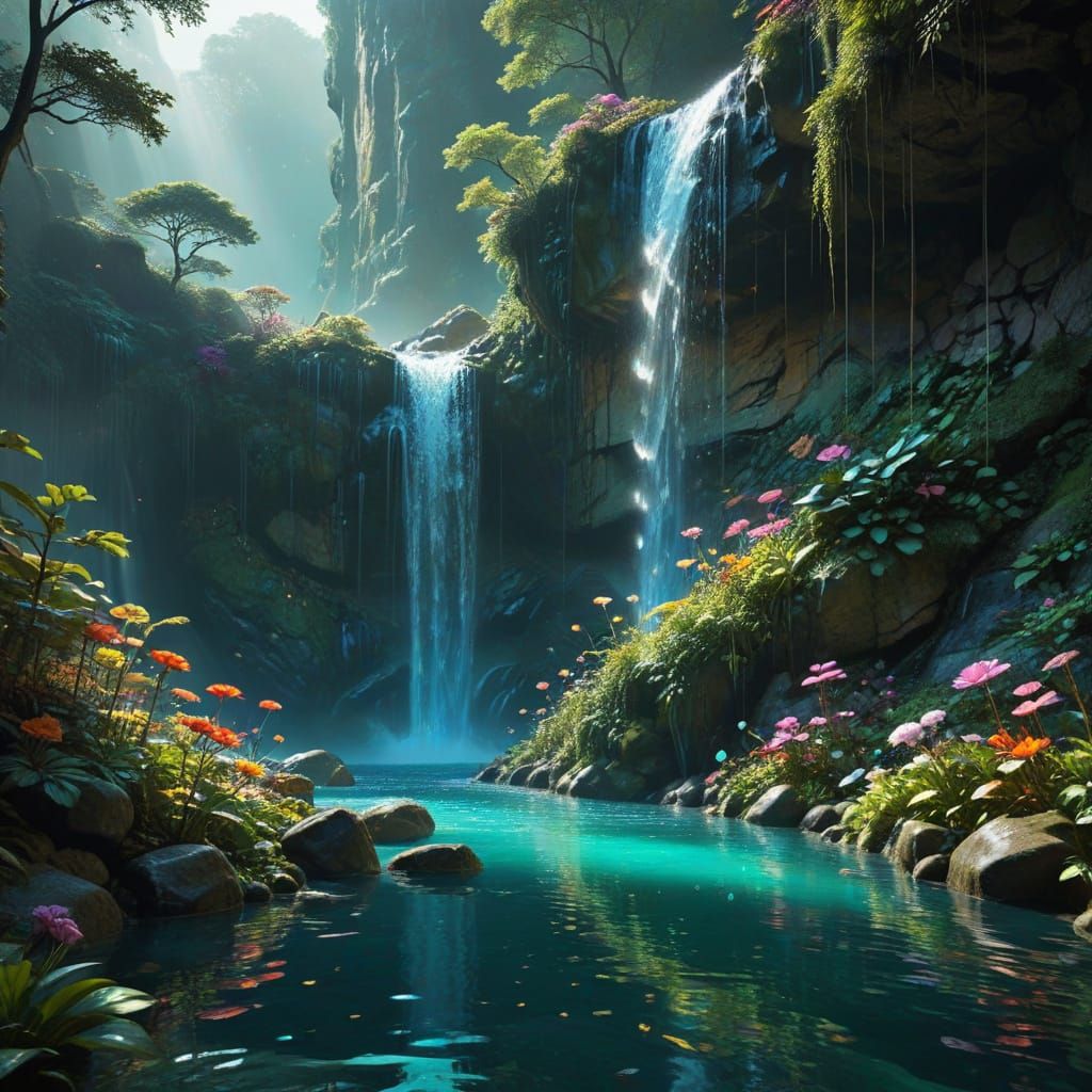 Surreal Waterfall Landscape in Vibrant Splash Art Style