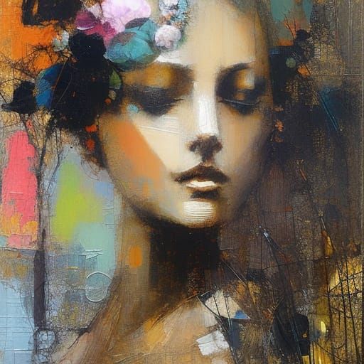 Girl with Flowers in Watercolor and Linework Style