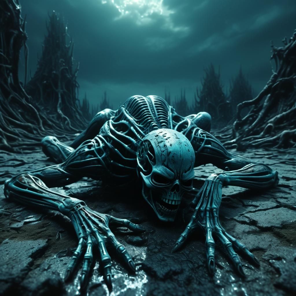 Surreal Distressed Figure in Biomechanical Landscape