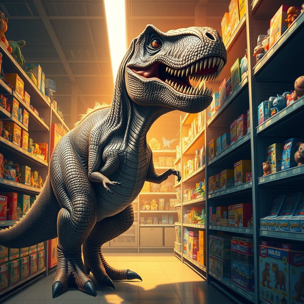 T-Rex Reaches for Dinosaur Collectibles in a Toy Supermarket