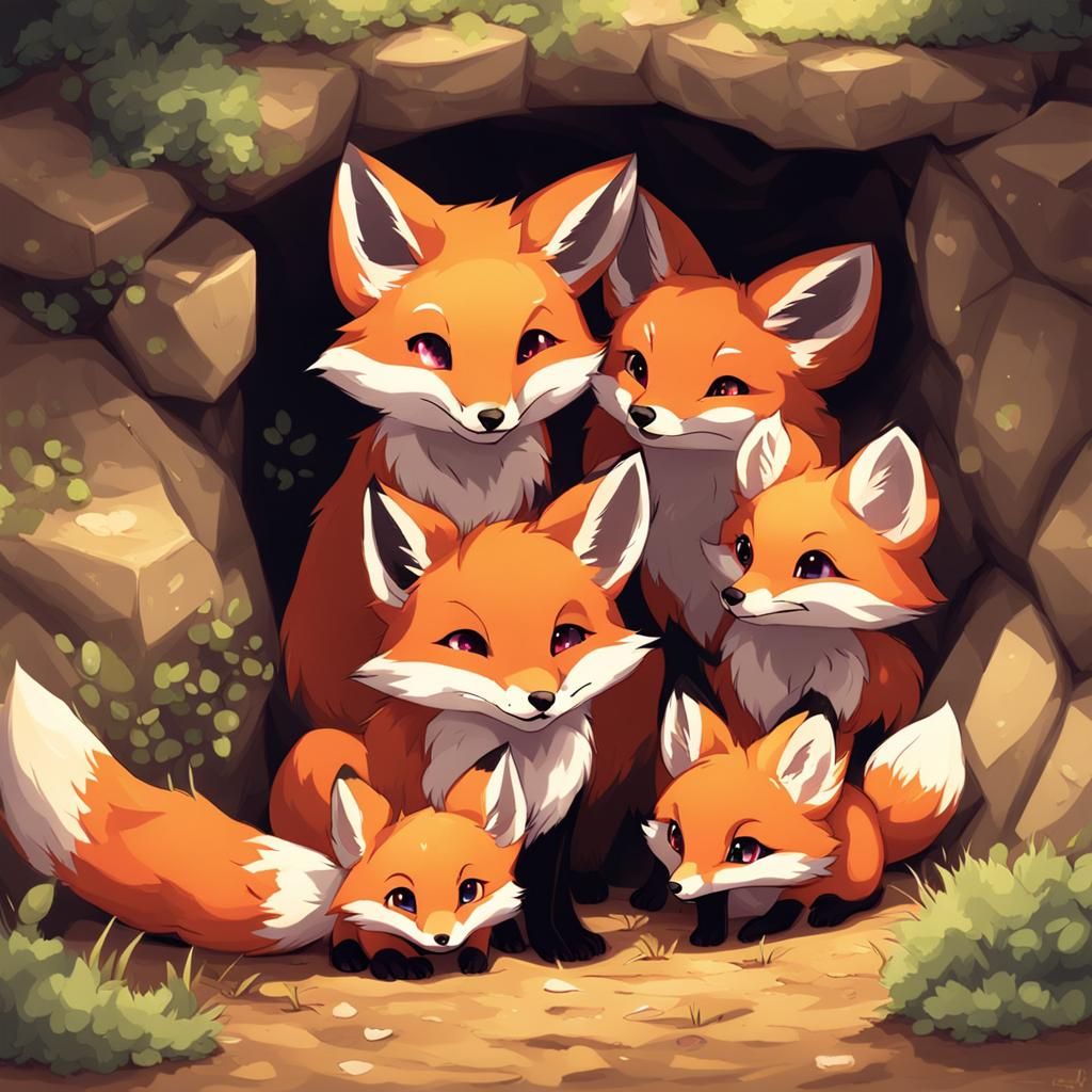 Cute Baby Foxes with Mom in Anime Style