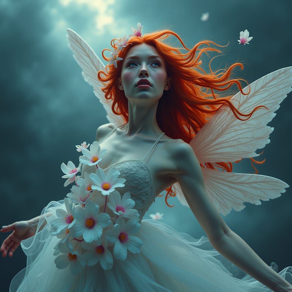 Fiery Fairy in Stormy Dreamscape, Surreal Art