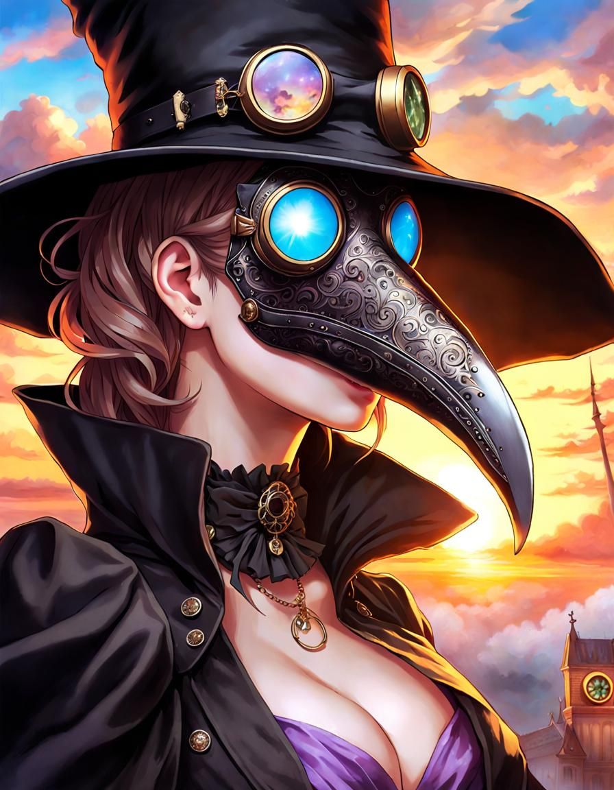 Sensuous Cat-Girl in Plague Doctor Mask: Anime Art