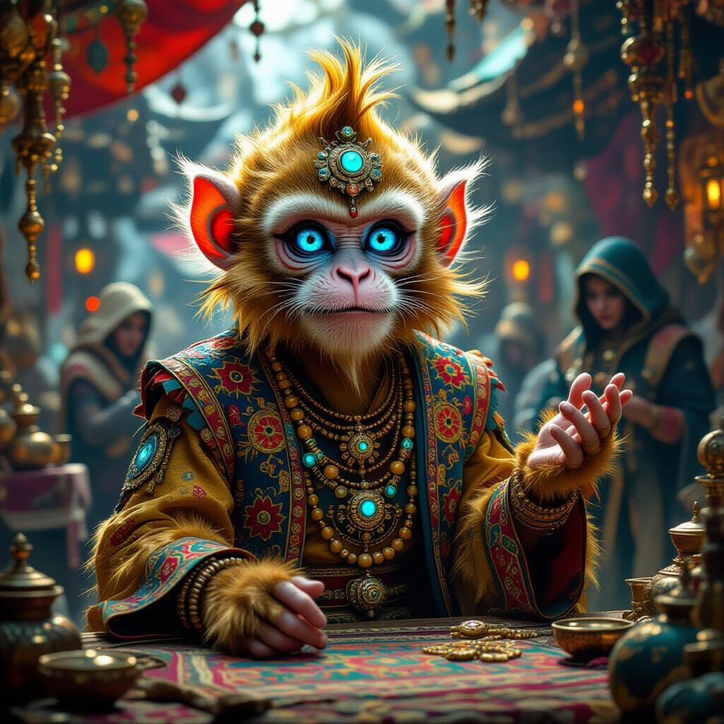 Golden Monkey Haggling Souls in an Alien Bazaar