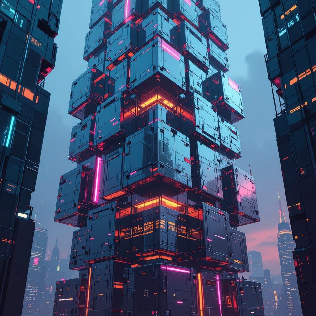 Futuristic Skyscraper with Rotating Floors in Cyberpunk Styl...