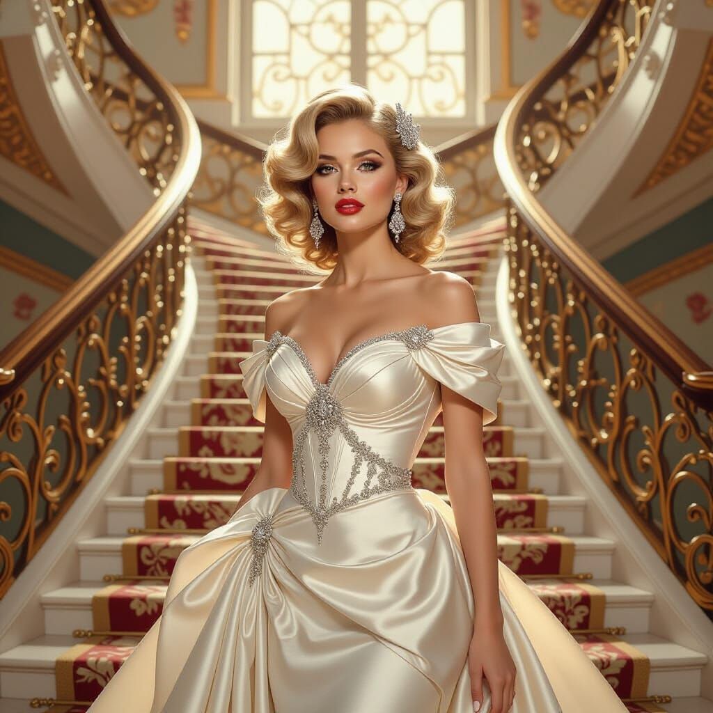 Descending a sweeping  Floral staircase lined with gold rail...