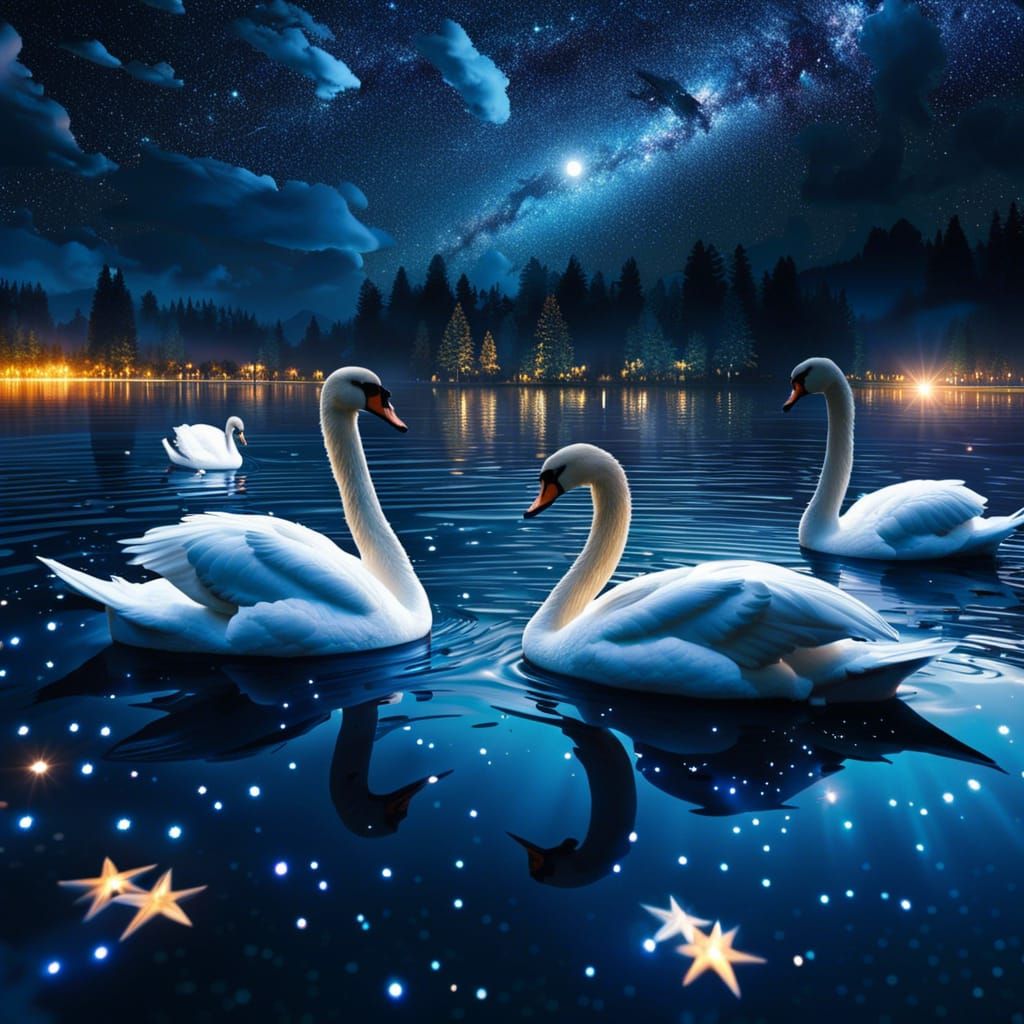 Fantasy Swan Lake Under Starry Galaxy Night