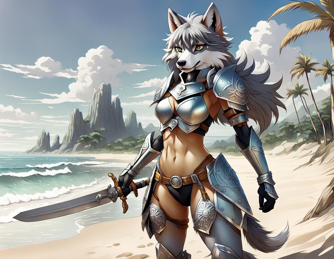 Wolf Girl in Bikini Armor on Beach, Anime Style