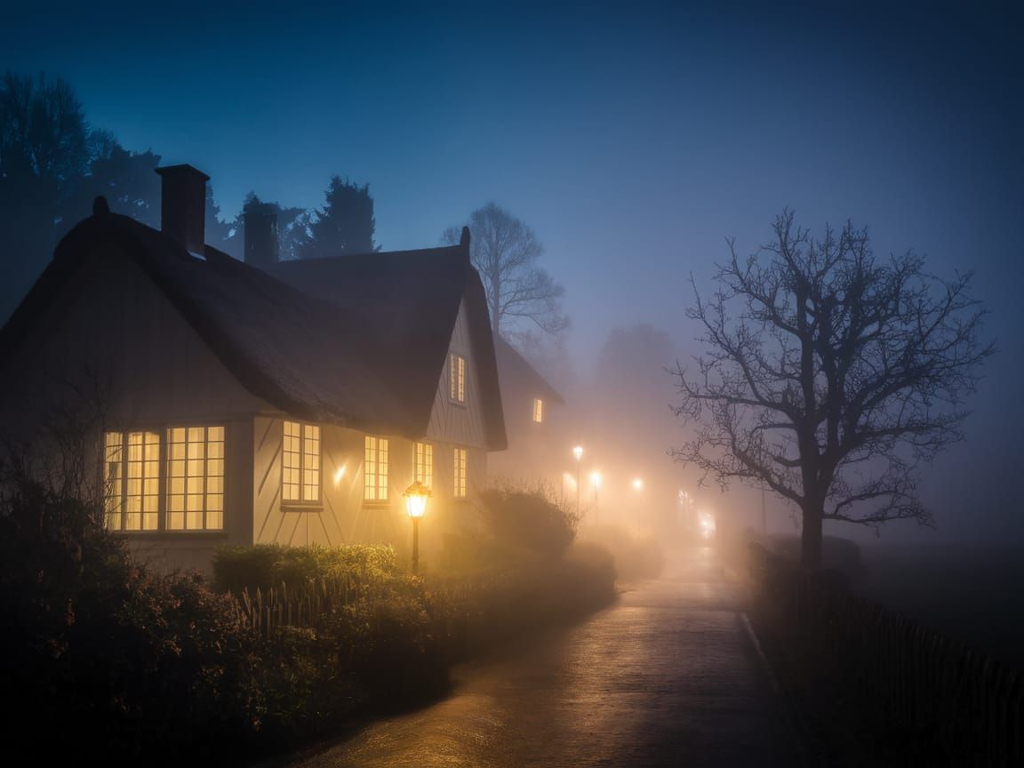 Dreamlike Village Under Ethereal Fog