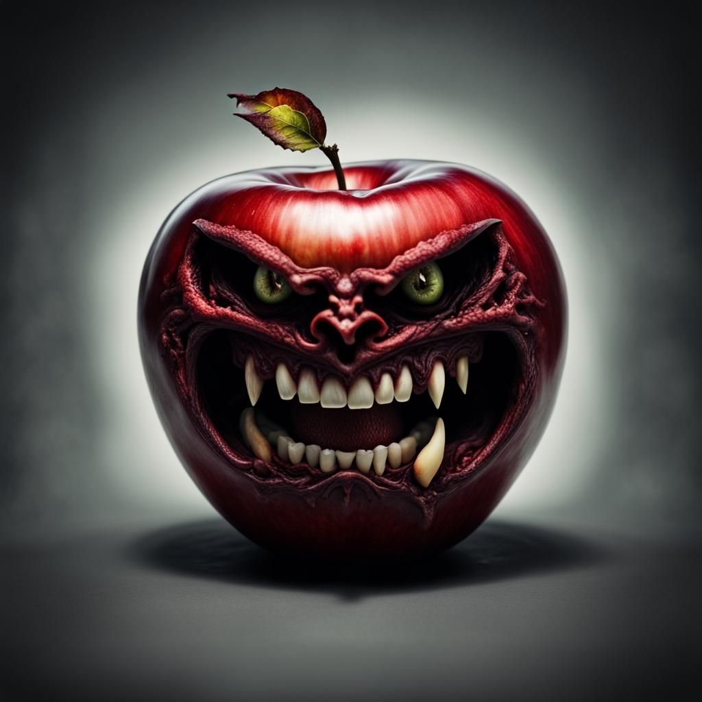 Scary Vampire Apple with Fangs in Photographic Style