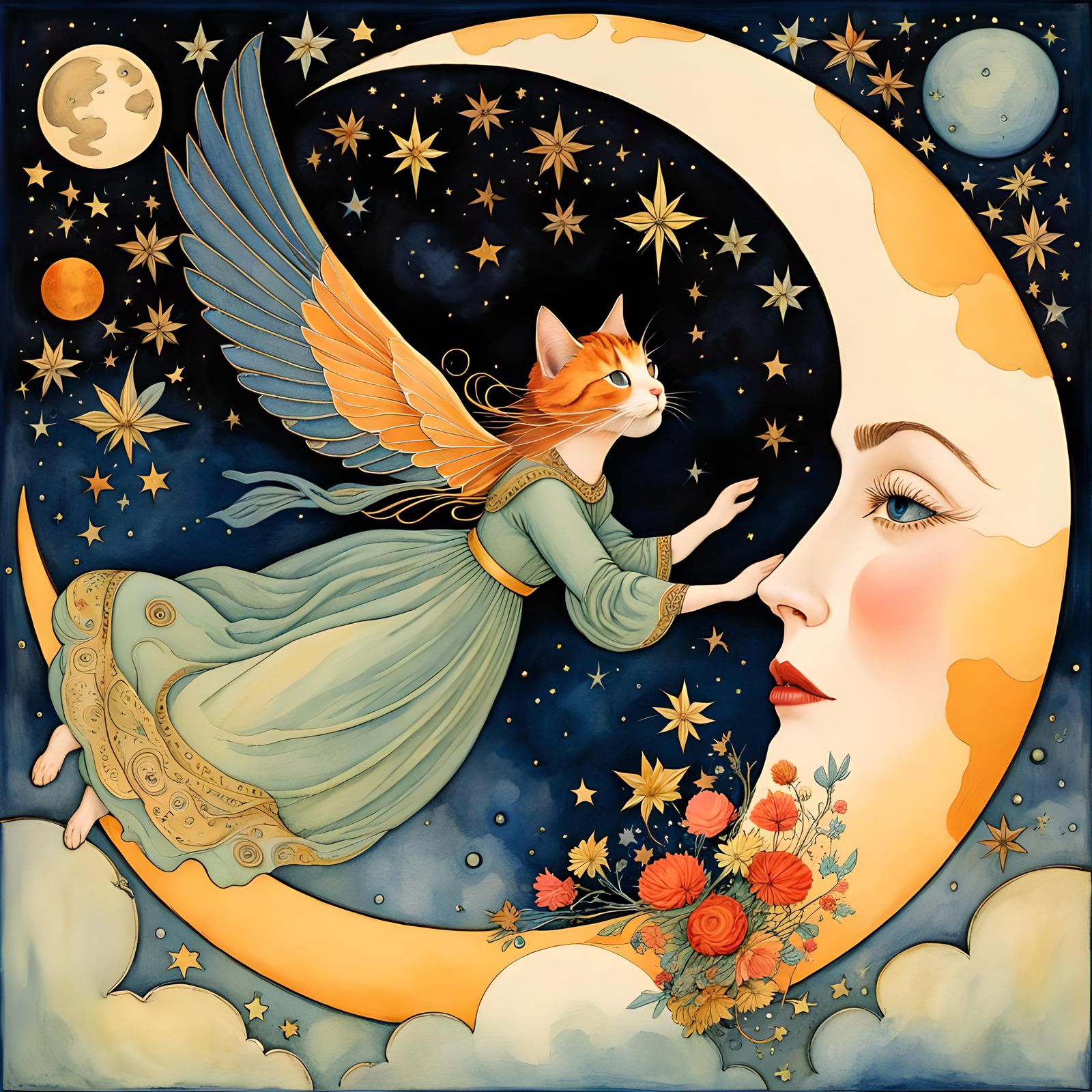 Whimsical Cat Flight in Art Nouveau Style