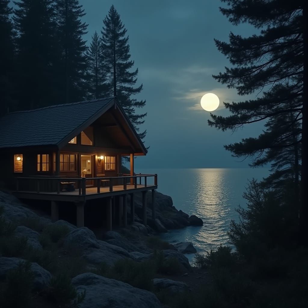 Luxurious Cabin in Moonlit Forest and Ocean