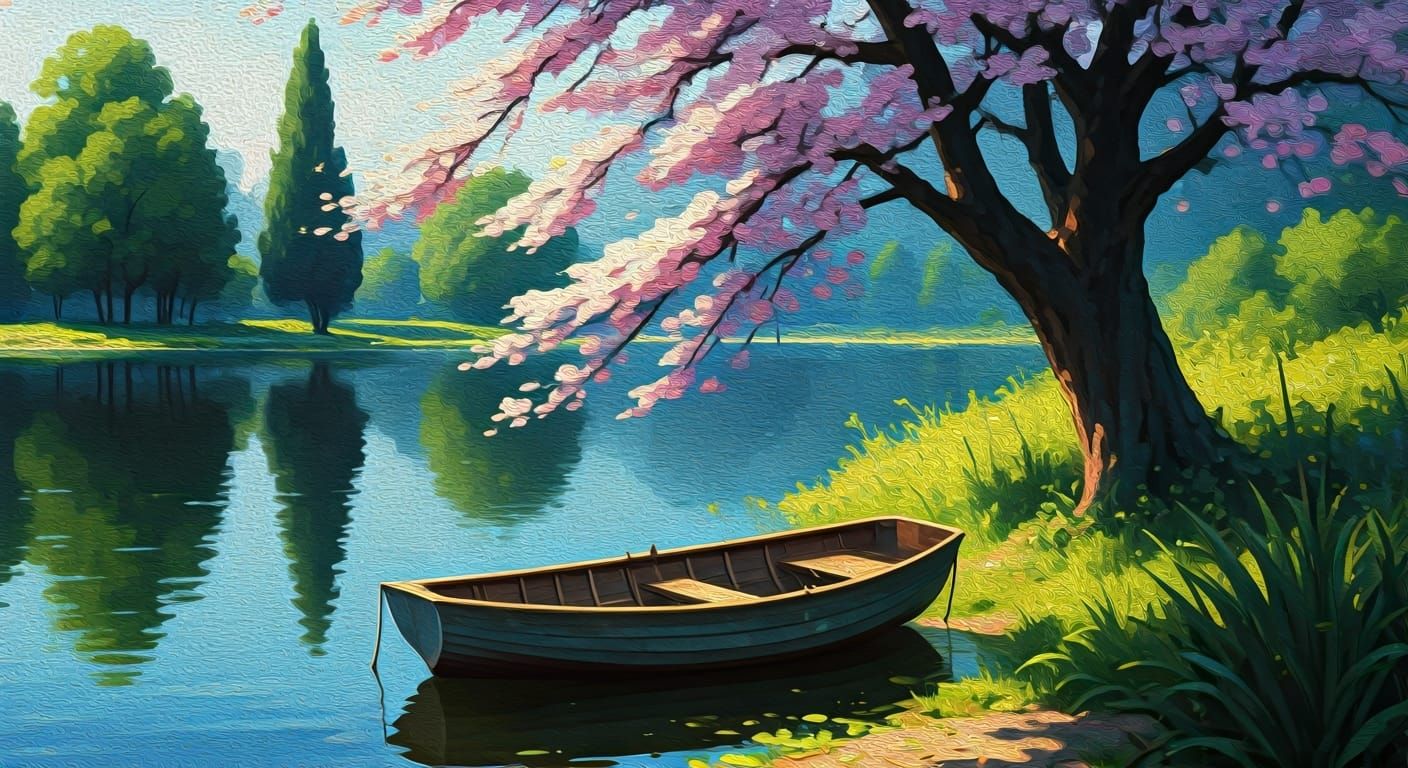 Rowing Boat at Lake Edge in Edward Hopper Style