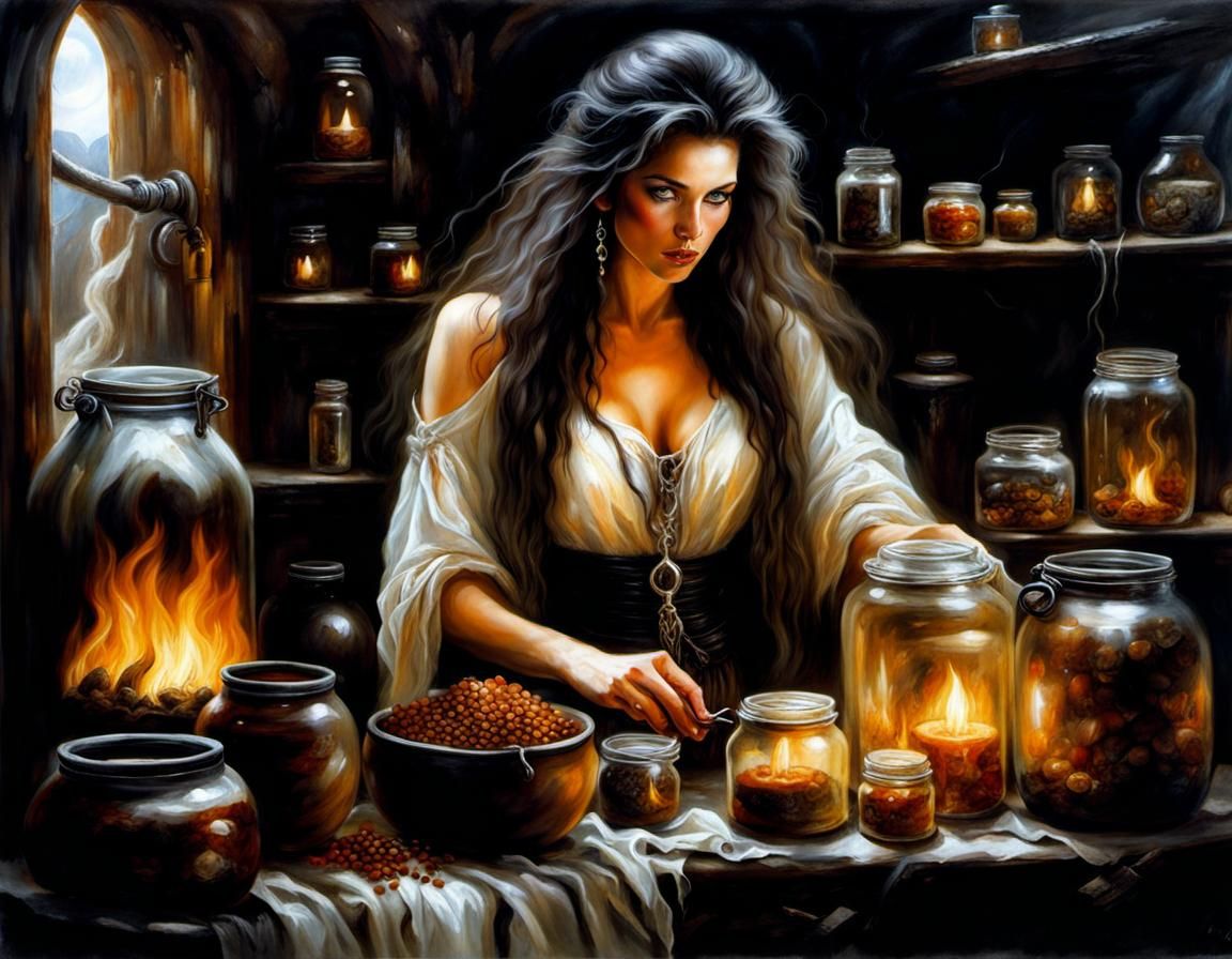 Enigmatic Witch in Hovel as Oil Painting