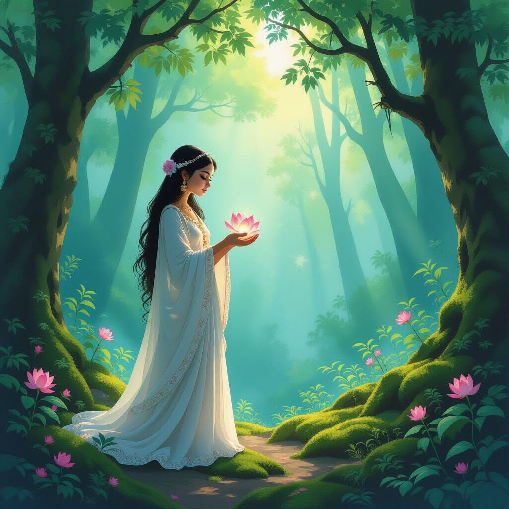 Goddess Radha Holding Glowing Lotus in Forest