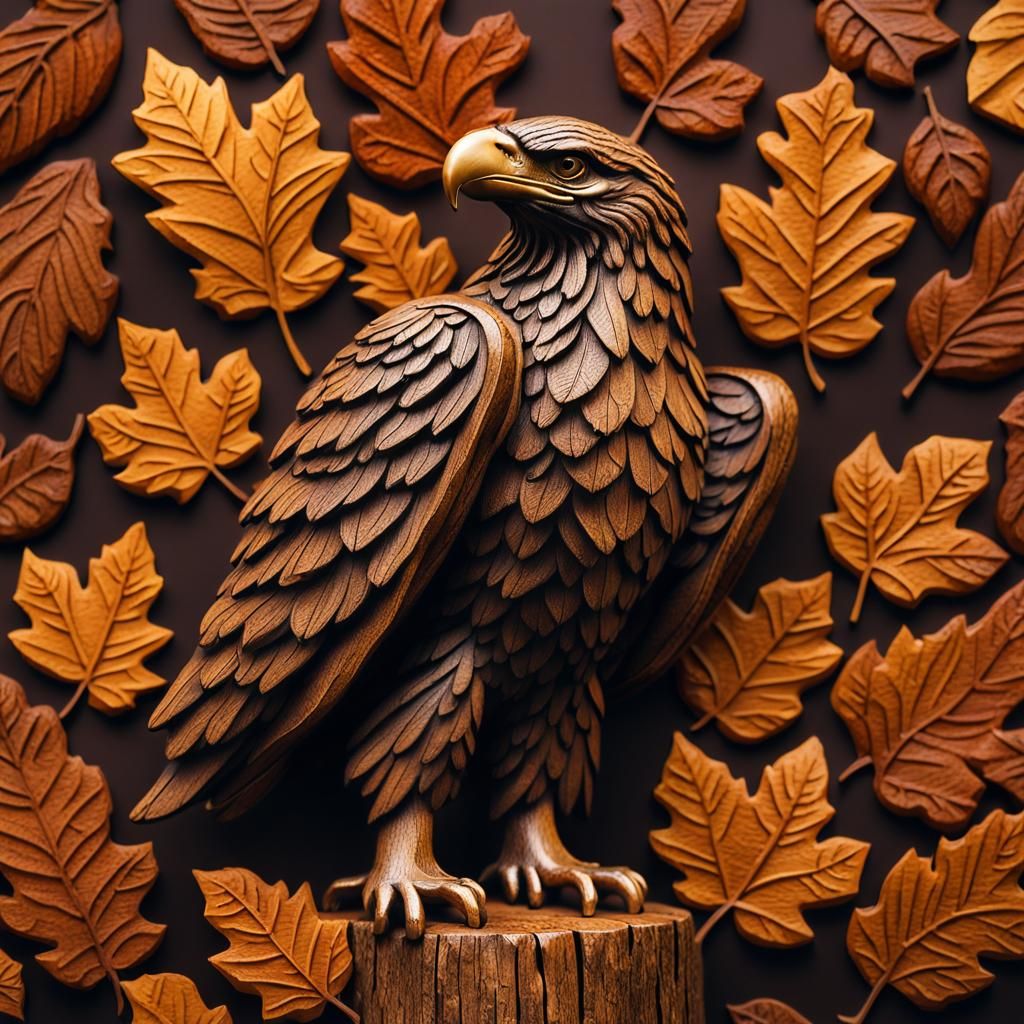 Wooden Eagle Carving in Autumn, Folk Art Style