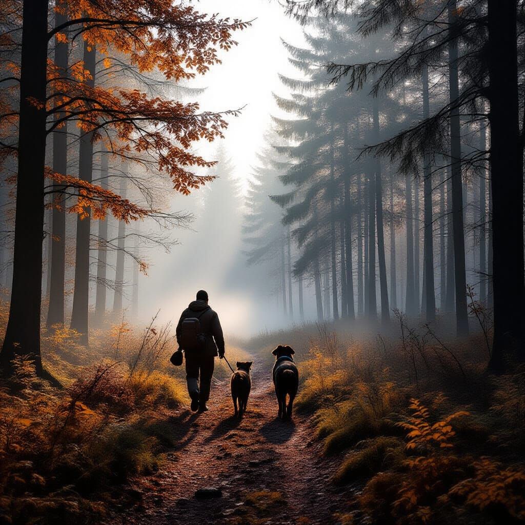 Autumn Forest in Morning Mist with Hunter and Dog