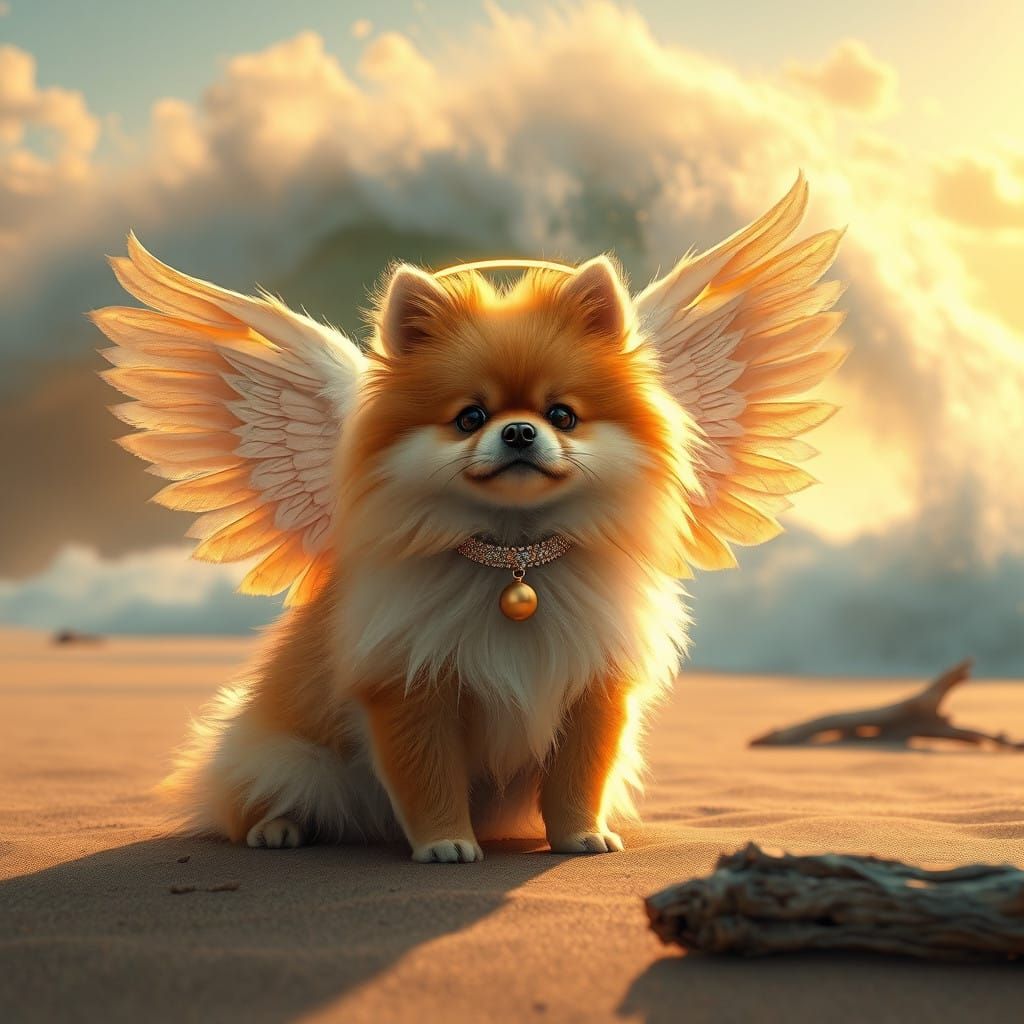 Majestic Pomeranian Angel soars over Sunlit Beach