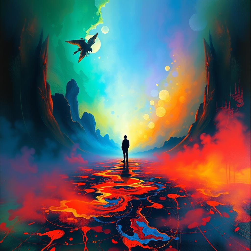 Surreal Figure in Dreamlike Abstract Landscape