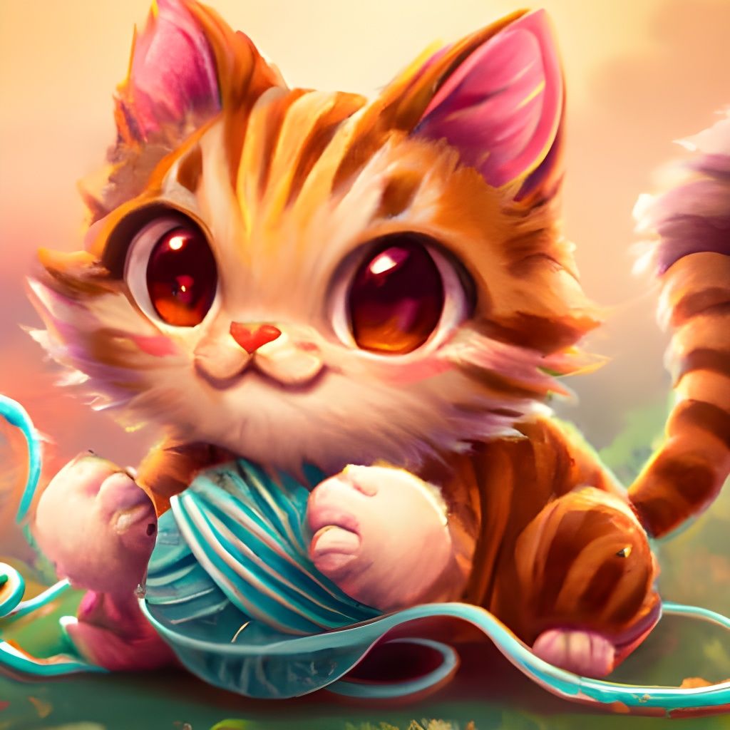 Chibi Cat Portrait Playing with Yarn