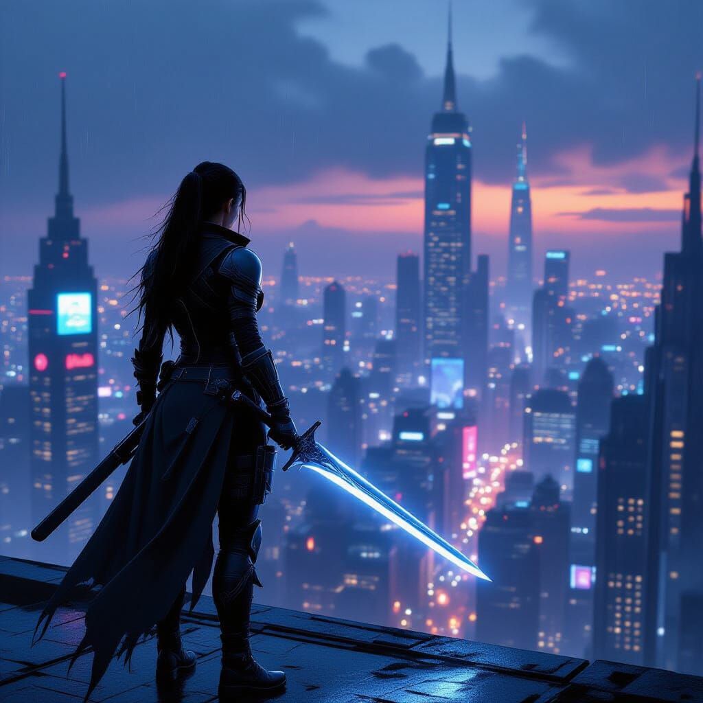 Female Warrior Overlooks Neon City at Dusk