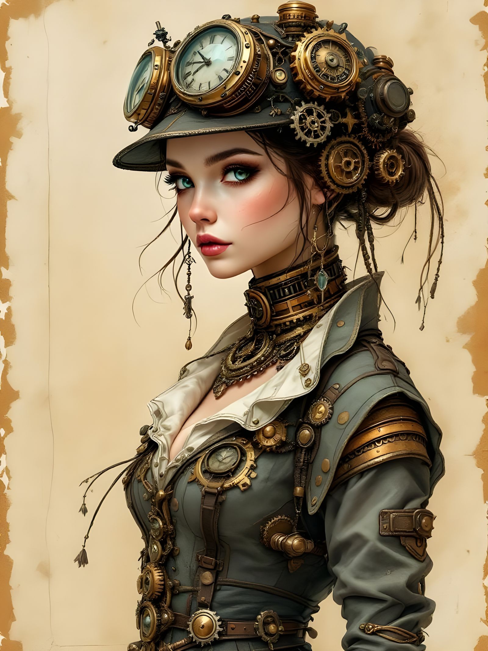 Steampunk Girl Pen Drawing on Parchment