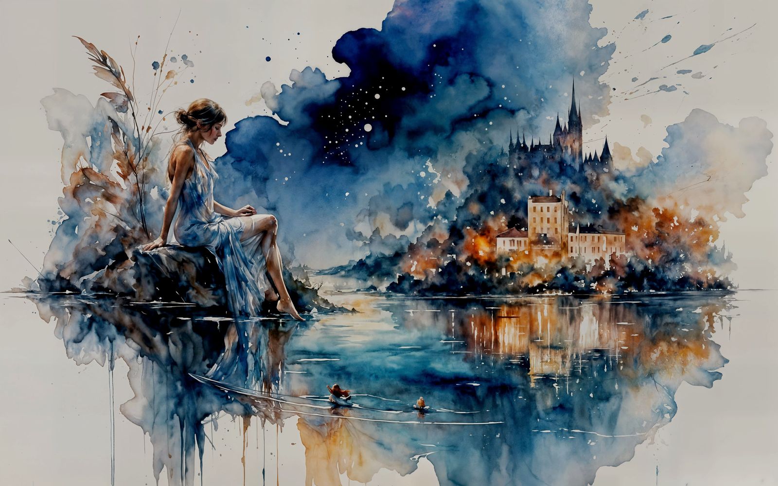 Midnight River Dreamscape in Expressive Watercolor Style