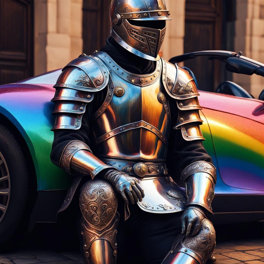 Medieval Knight in Rainbow Sports Car: Hyperrealistic 3D Art