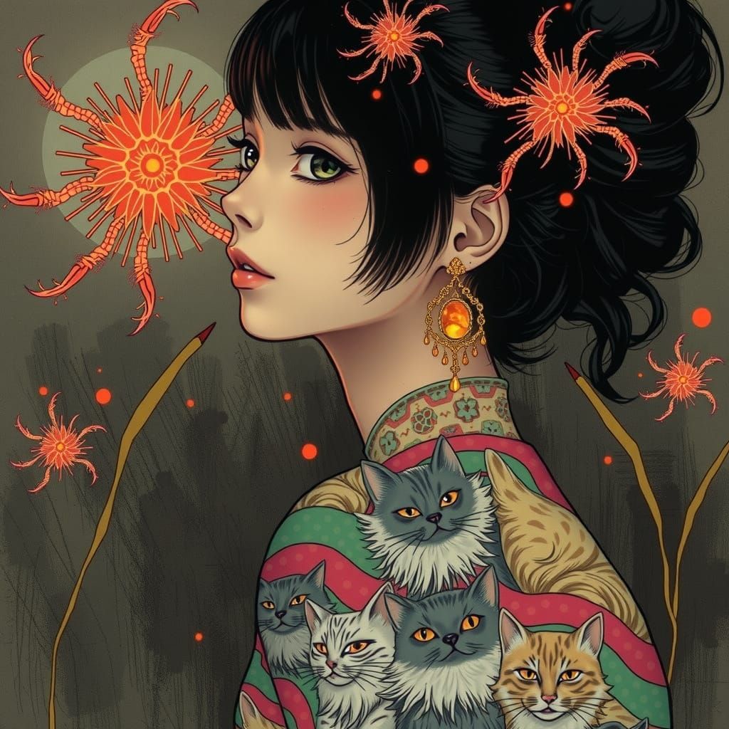 Captivating Manga Woman with Amber Earrings and Embroidered ...