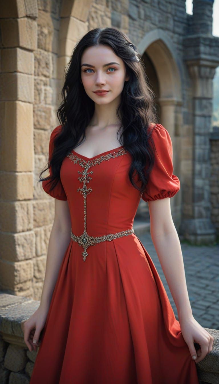 Medieval Vampire Maiden in Red Dress Smiles at Castle