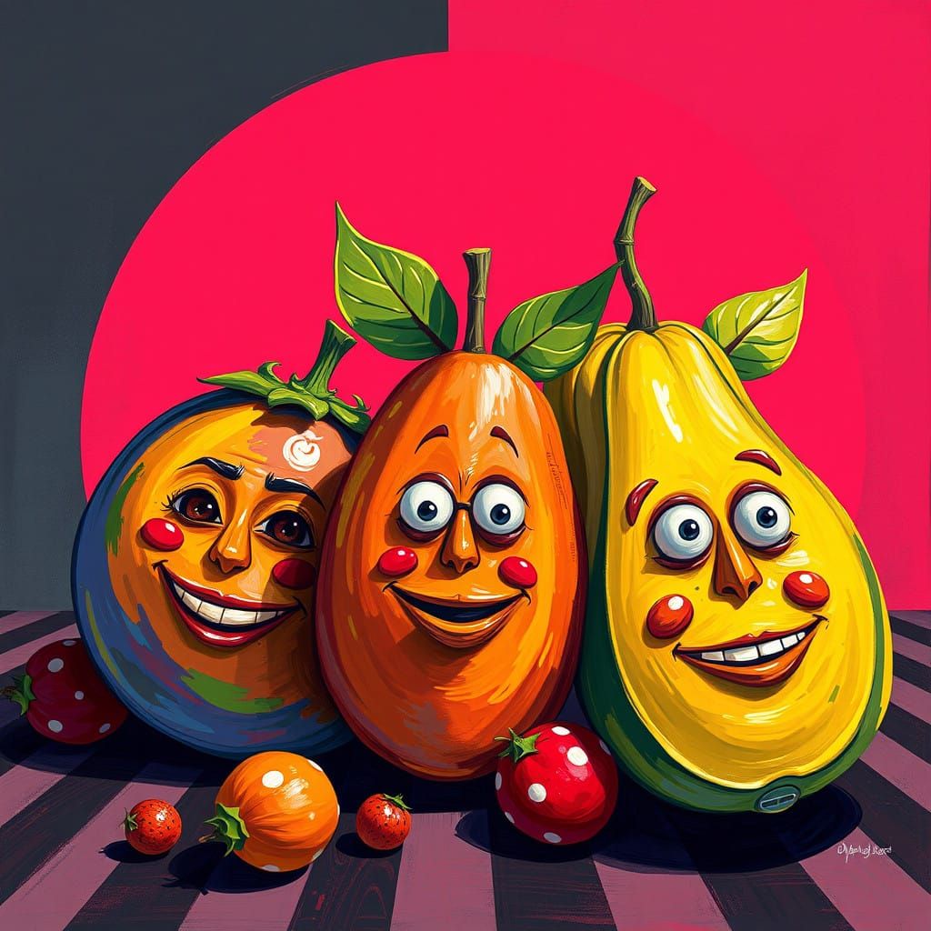 Expressive Anthropomorphic Fruits in Bold, Impressionistic S...