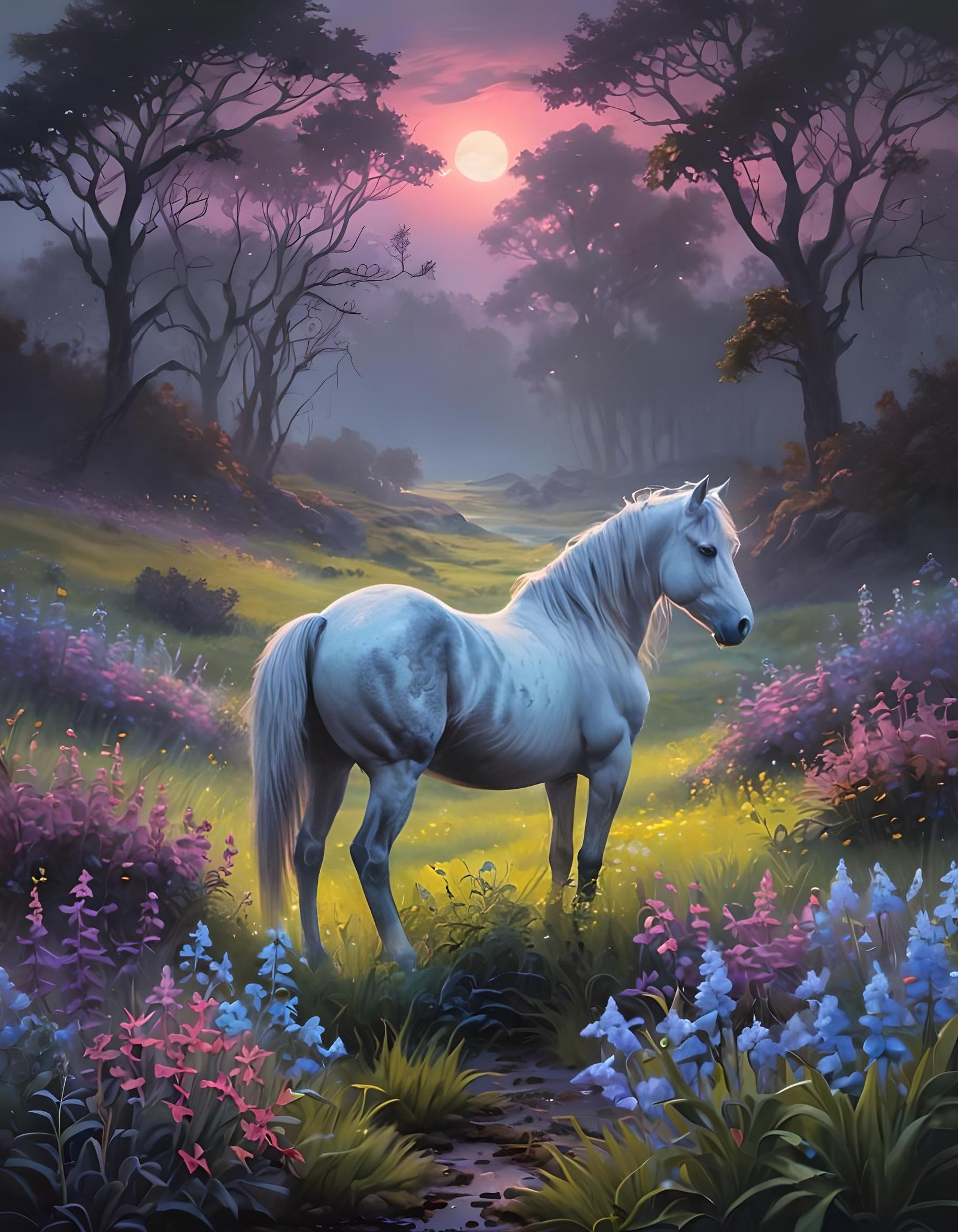 Enchanted Moonlit Landscape with Neon Wildflowers