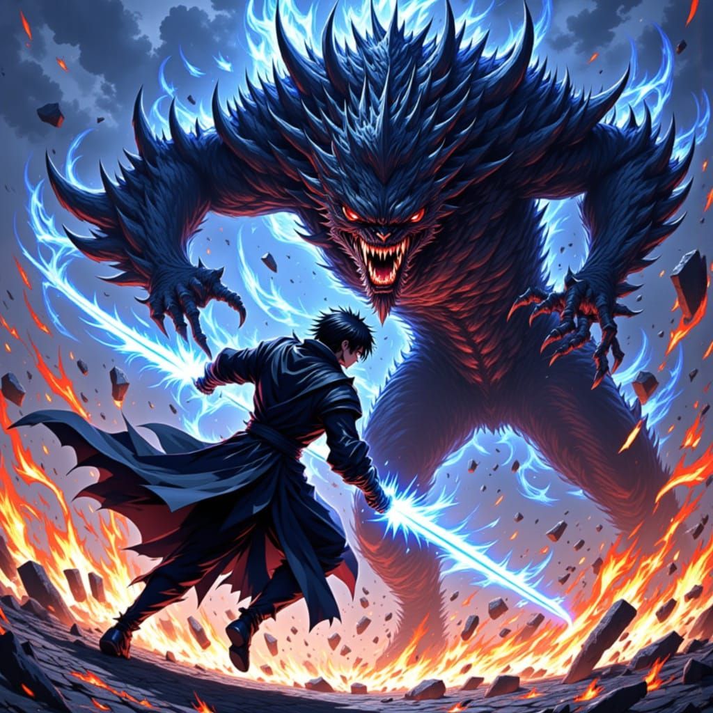 Anime Warrior With Glowing Sword Fights Demon