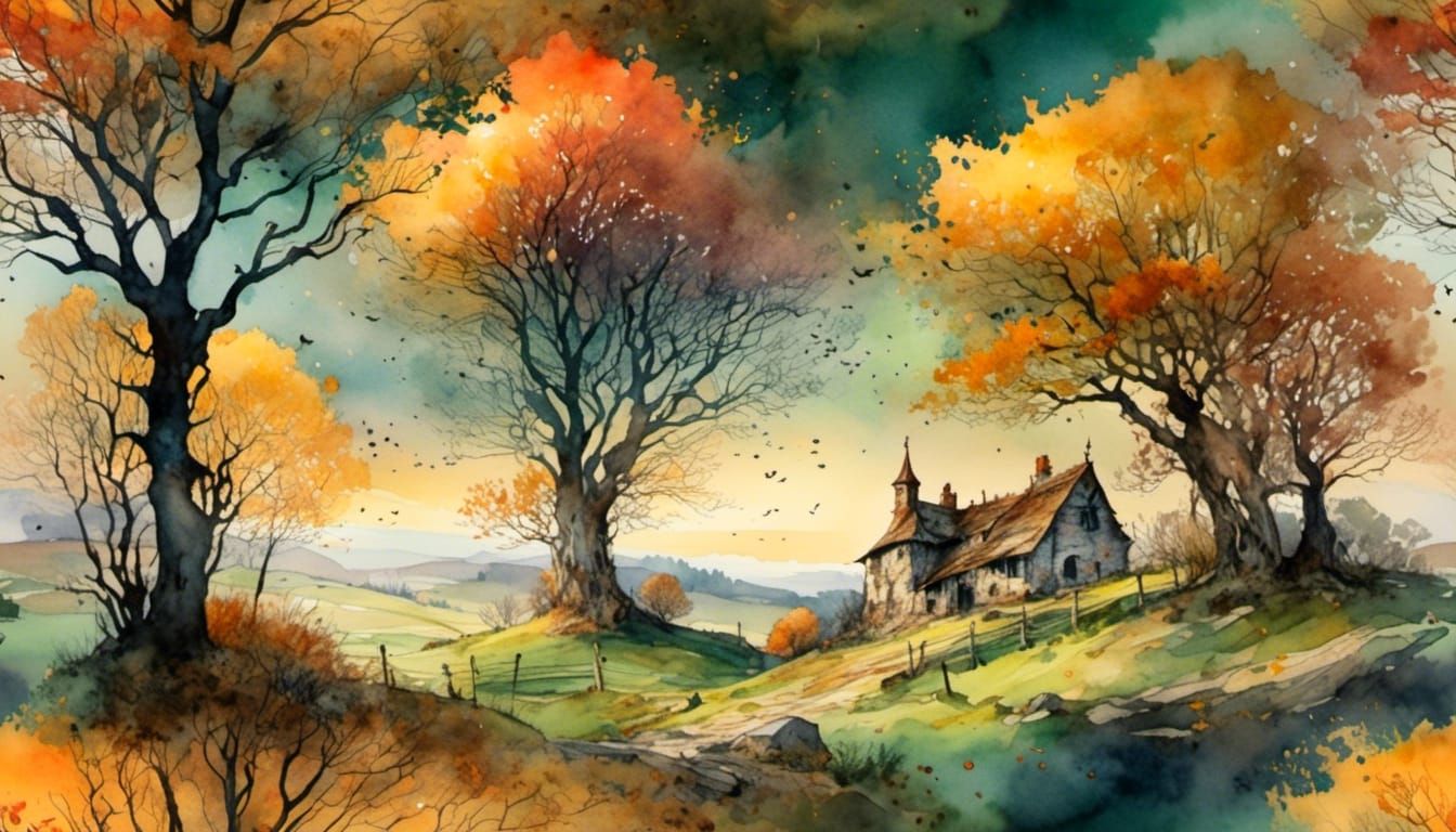 Welsh Village Autumn Watercolor Painting