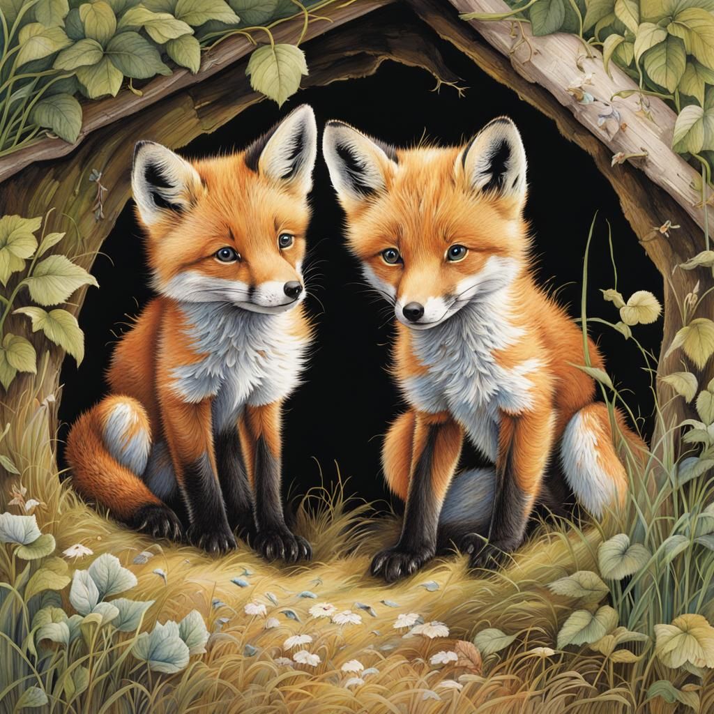 Curious Fox Cubs Discover the World: Detailed Illustration