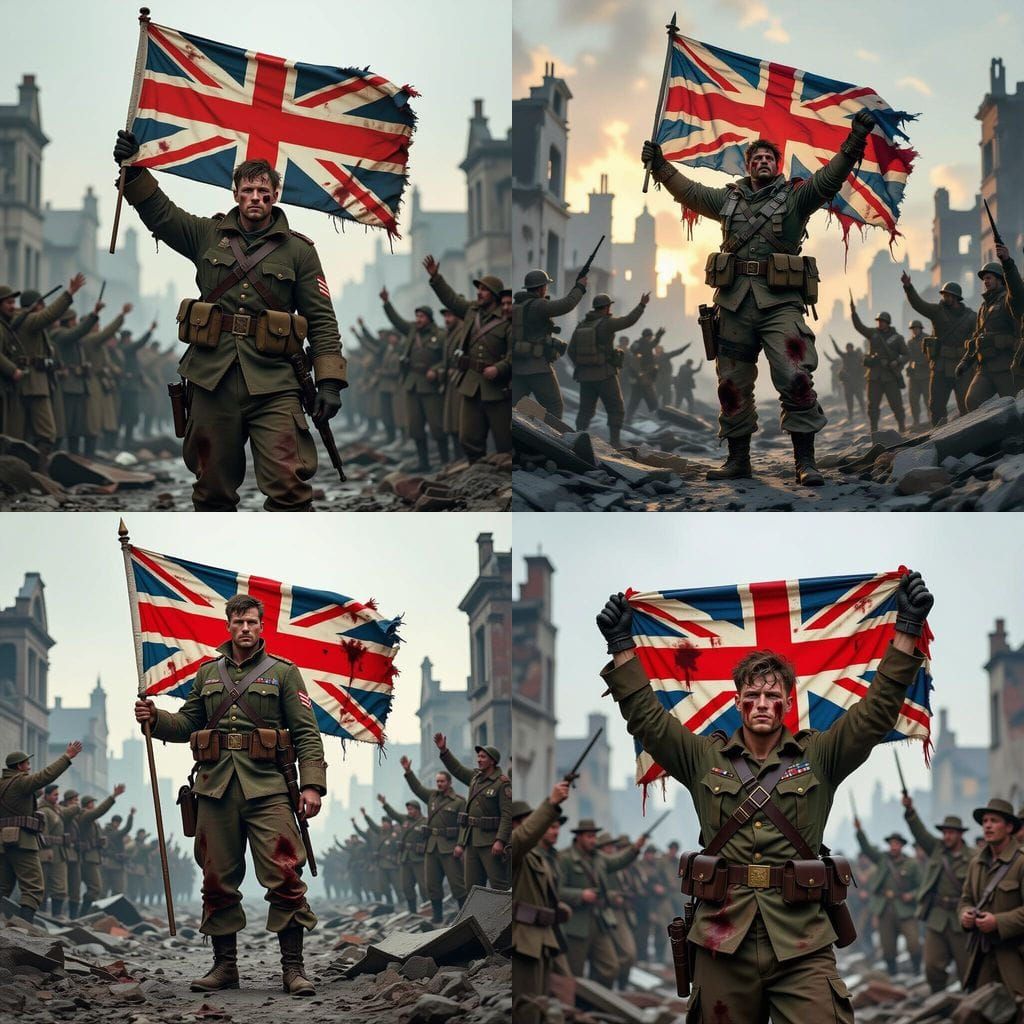 Triumphant Tommy in Ruined City Holds Union Jack