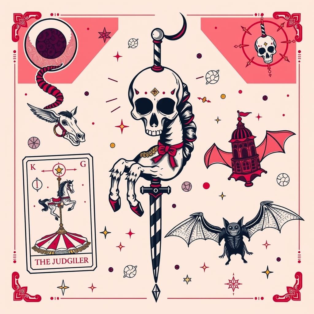 Cosmic Carnival: Surreal Tattoo Flash Sheet in Vintage Style