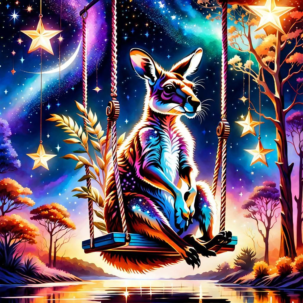 Kangaroo Swings on Starry Night: Watercolor Fantasy