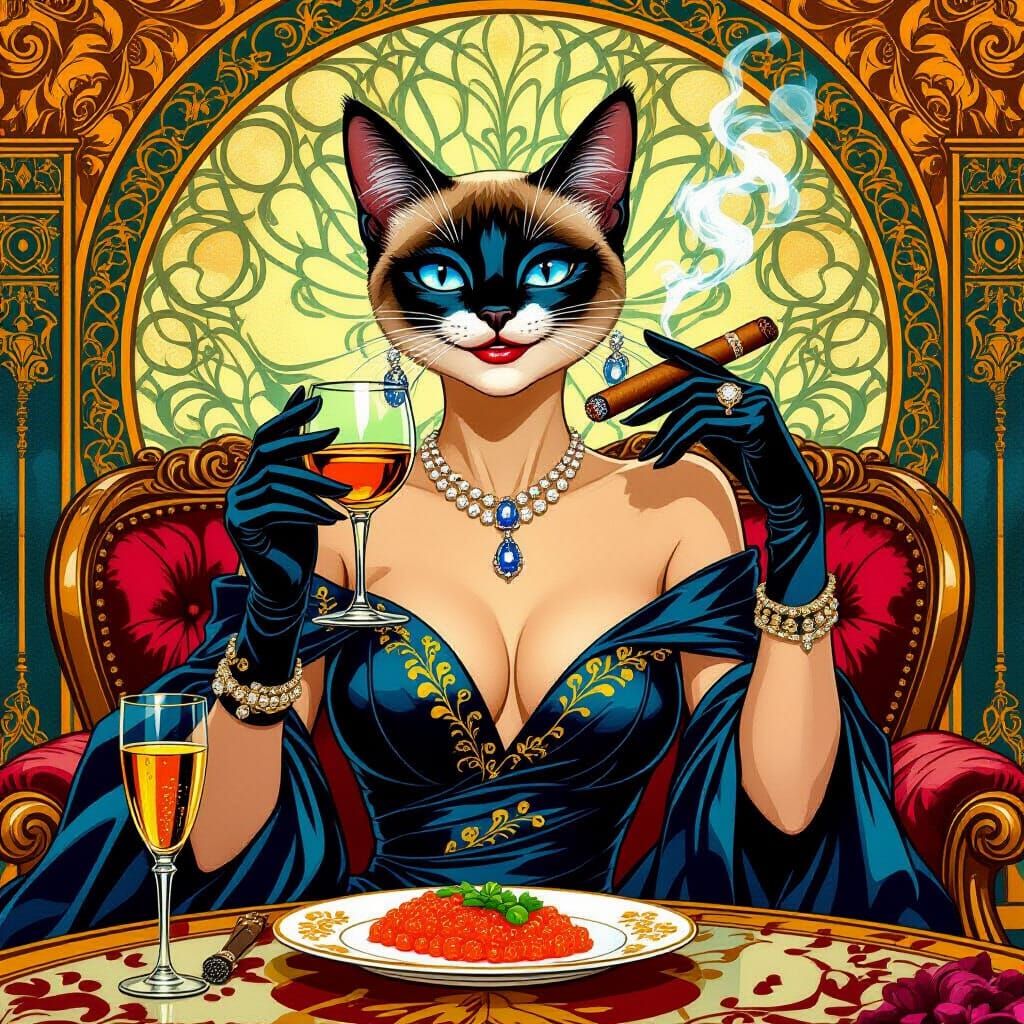 Elegant Cat Enjoying Cognac in Art Deco Style