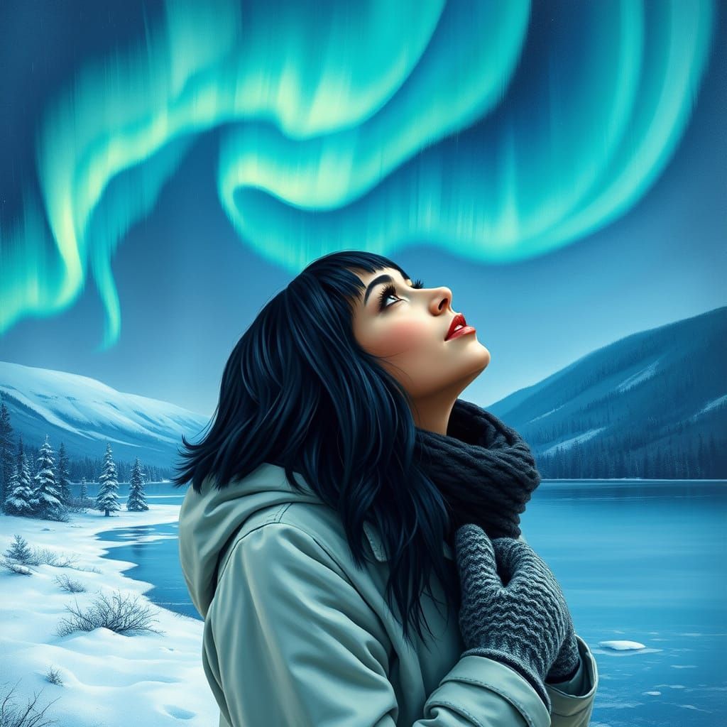 Woman Enchanted by Striped Northern Lights