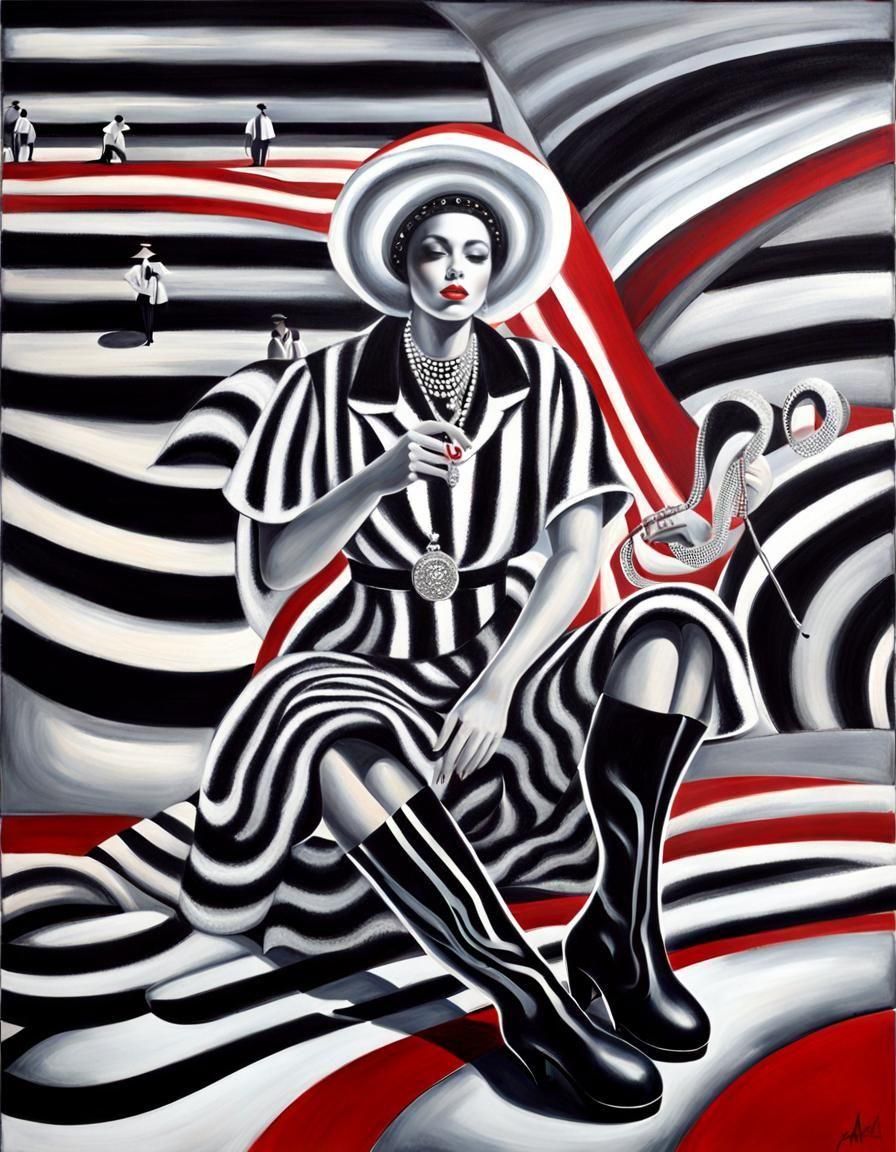 Painting of a seated woman with hat amd go-go boots smoking ...