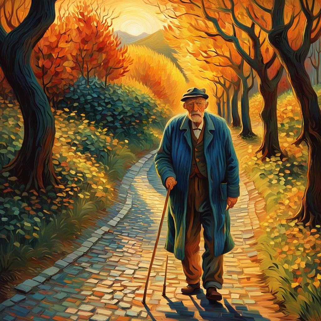 Vibrant Oil Painting of Old Man on Winding Path
